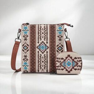Boho Aztec Tribal Crossbody Bag & Mini Wallet Set Southwestern Canvas Purse